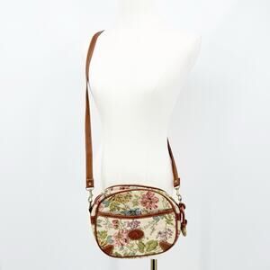 APRI Floral Tapestry Crossbody Bag Brown Faux Leather Trim Vintage Cottagecore